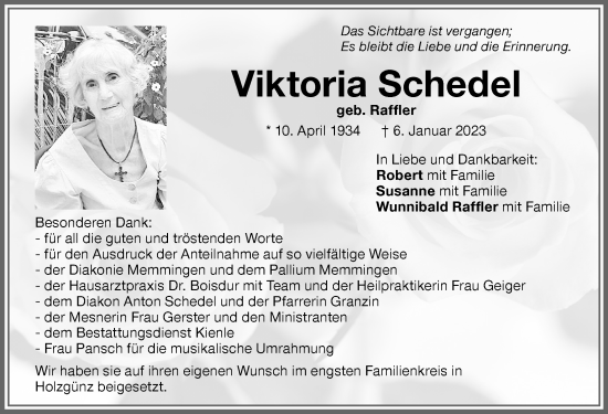 Traueranzeige von Viktoria Schedel von Memminger Zeitung