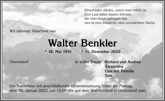 Traueranzeige von Walter Benkler von Allgäuer Anzeigeblatt