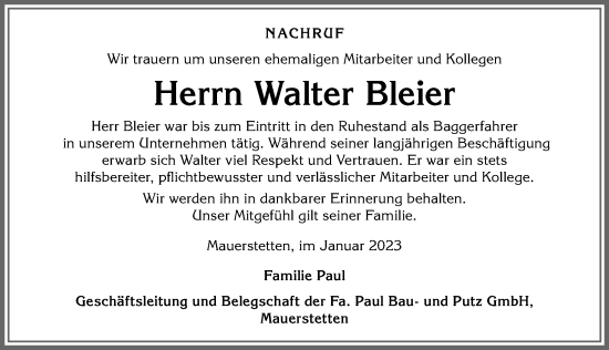 Traueranzeige von Walter Bleier von Allgäuer Zeitung, Kaufbeuren/Buchloe