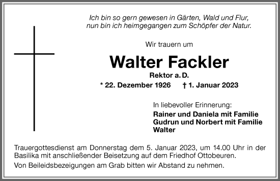Traueranzeige von Walter Fackler von Memminger Zeitung