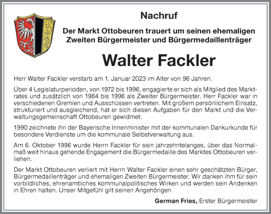 Traueranzeige von Walter Fackler von Memminger Zeitung