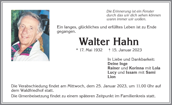 Traueranzeige von Walter Hahn von Allgäuer Zeitung, Kaufbeuren/Buchloe