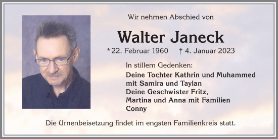 Traueranzeige von Walter Janeck von Allgäuer Zeitung, Kaufbeuren/Buchloe
