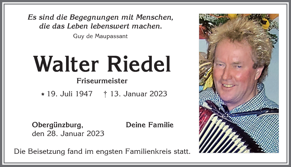  Traueranzeige für Walter Riedel vom 28.01.2023 aus Allgäuer Zeitung, Marktoberdorf