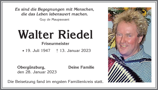Traueranzeige von Walter Riedel von Allgäuer Zeitung, Marktoberdorf