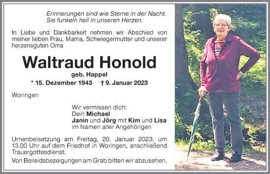 Traueranzeige von Waltraud Honold von Memminger Zeitung