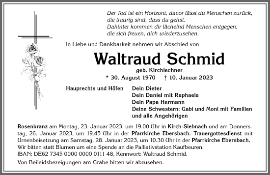 Traueranzeige von Waltraud Schmid von Schwabmünchner Allgemeine, Mindelheimer Zeitung, Augsburger Allgemeine