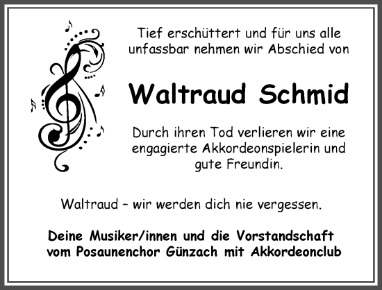 Traueranzeige von Waltraud Schmid von Allgäuer Zeitung, Marktoberdorf
