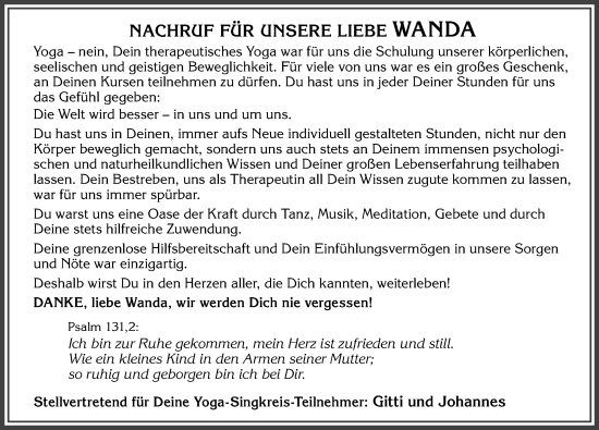 Traueranzeige von Wanda  von Allgäuer Zeitung, Füssen