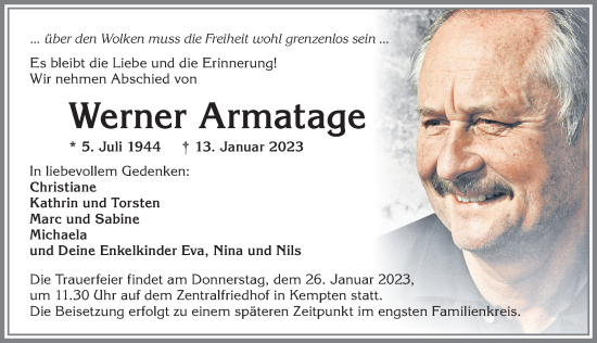 Traueranzeige von Werner Armatage von Allgäuer Zeitung,Kempten