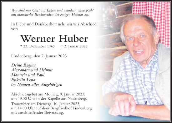 Traueranzeige von Werner Huber von Der Westallgäuer