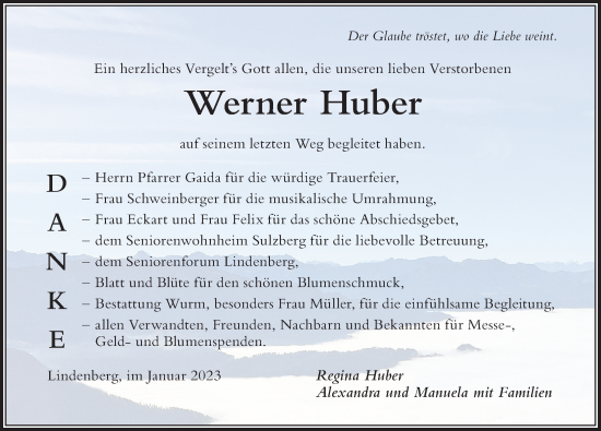 Traueranzeige von Werner Huber von Der Westallgäuer