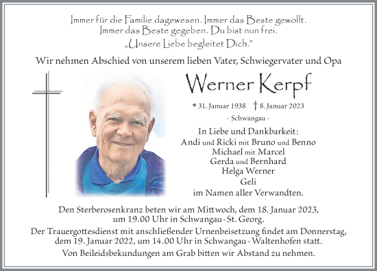Traueranzeige von Werner Kerpf von Allgäuer Zeitung, Füssen