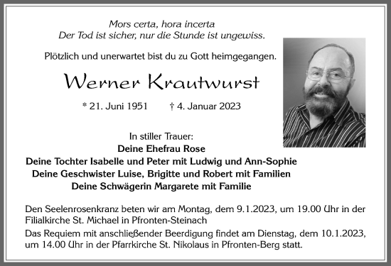 Traueranzeige von Werner Krautwurst von Allgäuer Zeitung, Füssen