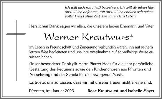 Traueranzeige von Werner Krautwurst von Allgäuer Zeitung, Füssen