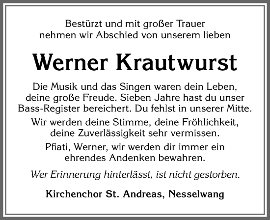 Traueranzeige von Werner Krautwurst von Allgäuer Zeitung, Füssen