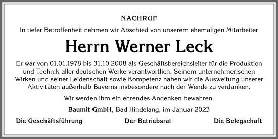 Traueranzeige von Werner Leck von Allgäuer Anzeigeblatt