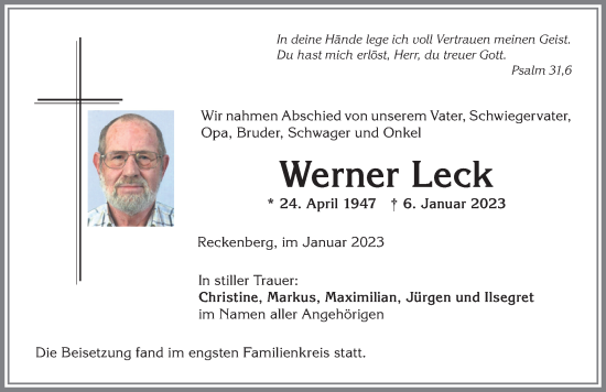 Traueranzeige von Werner Leck von Allgäuer Anzeigeblatt