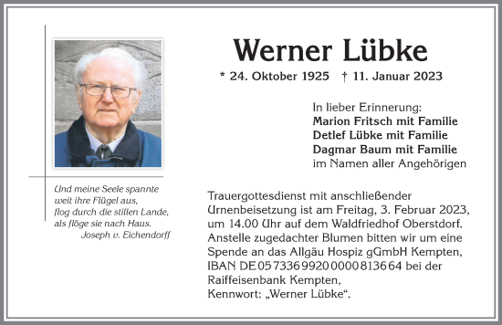 Traueranzeige von Werner Lübke von Allgäuer Anzeigeblatt
