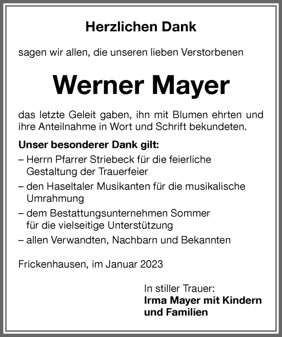 Traueranzeige von Werner Mayer von Memminger Zeitung