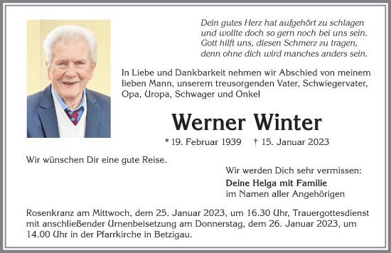 Traueranzeige von Werner Winter von Allgäuer Zeitung,Kempten