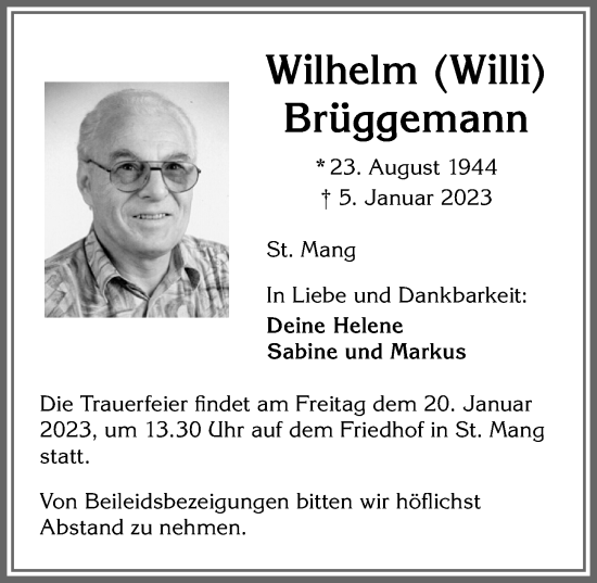 Traueranzeige von Wilhelm Brüggemann von Allgäuer Zeitung,Kempten