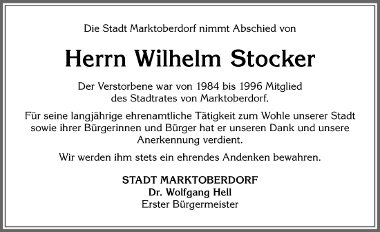 Traueranzeige von Wilhelm Stocker von Allgäuer Zeitung, Marktoberdorf