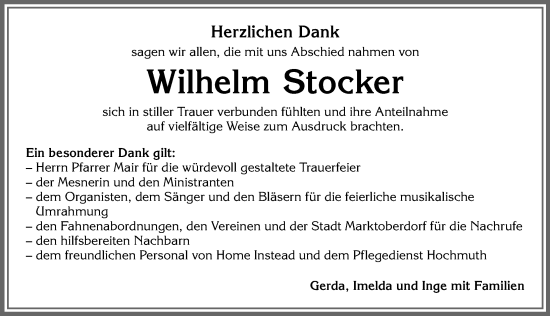 Traueranzeige von Wilhelm Stocker von Allgäuer Zeitung, Marktoberdorf