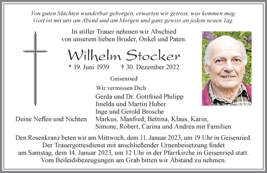 Traueranzeige von Wilhelm Stocker von Allgäuer Zeitung, Marktoberdorf