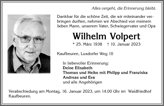 Traueranzeige von Wilhelm Volpert von Allgäuer Zeitung, Kaufbeuren/Buchloe