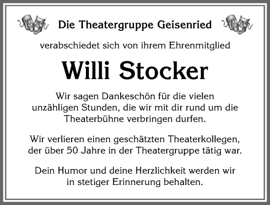 Traueranzeige von Willi Stocker von Allgäuer Zeitung, Marktoberdorf