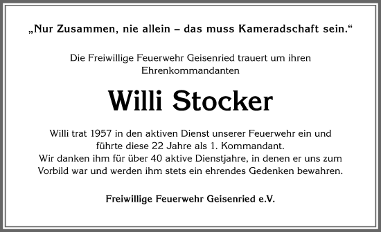 Traueranzeige von Willi Stocker von Allgäuer Zeitung, Marktoberdorf
