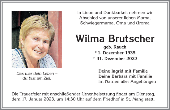 Traueranzeige von Wilma Brutscher von Allgäuer Zeitung,Kempten