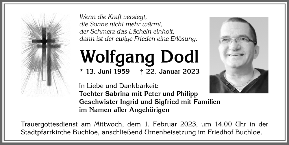  Traueranzeige für Wolfgang Dodl vom 28.01.2023 aus Allgäuer Zeitung, Kaufbeuren/Buchloe