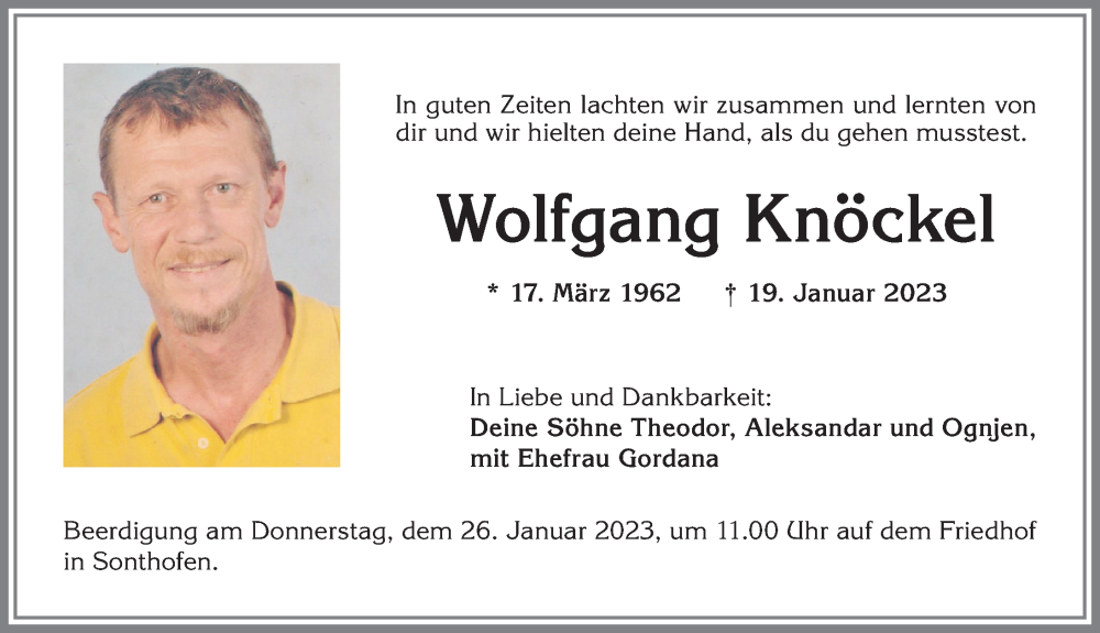  Traueranzeige für Wolfgang Knöckel vom 24.01.2023 aus Allgäuer Anzeigeblatt