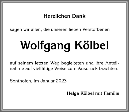 Traueranzeige von Wolfgang Kölbel von Allgäuer Anzeigeblatt