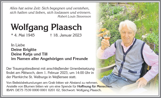 Traueranzeige von Wolfgang Plaasch von Allgäuer Zeitung, Füssen