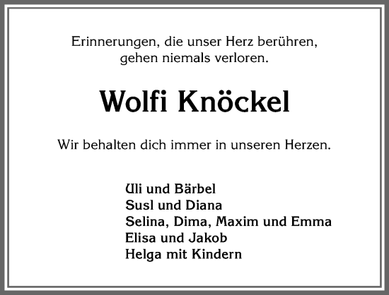 Traueranzeige von Wolfi Knöckel von Allgäuer Anzeigeblatt