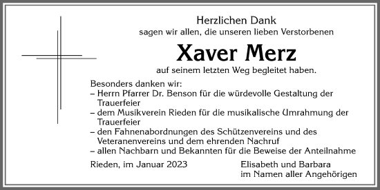 Traueranzeige von Xaver Merz von Allgäuer Zeitung, Kaufbeuren/Buchloe