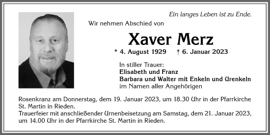 Traueranzeige von Xaver Merz von Allgäuer Zeitung, Kaufbeuren/Buchloe