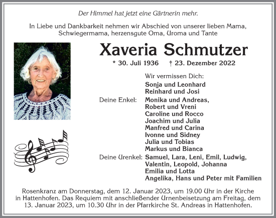 Traueranzeige von Xaveria Schmutzer von Allgäuer Zeitung, Marktoberdorf