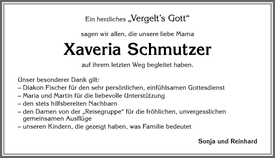 Traueranzeige von Xaveria Schmutzer von Allgäuer Zeitung, Marktoberdorf