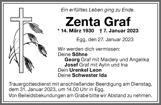 Traueranzeige von Zenta Graf von Memminger Zeitung