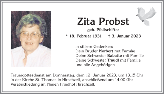 Traueranzeige von Zita Probst von Allgäuer Zeitung, Kaufbeuren/Buchloe