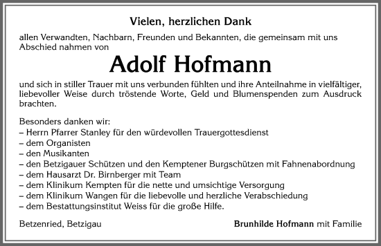 Traueranzeige von Adolf Hofmann von Allgäuer Zeitung,Kempten