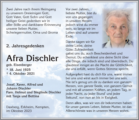Traueranzeige von Afra Dischler von Memminger Zeitung