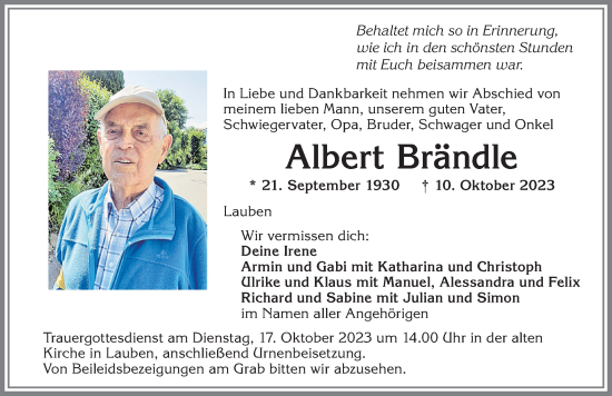 Traueranzeige von Albert Brändle von Allgäuer Zeitung,Kempten