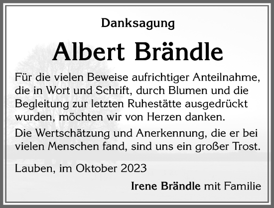 Traueranzeige von Albert Brändle von Allgäuer Zeitung,Kempten