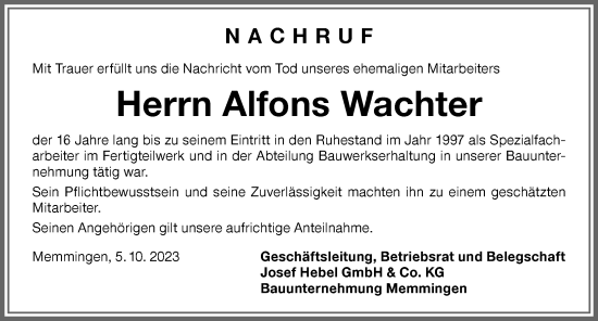Traueranzeige von Alfons Wachter von Memminger Zeitung