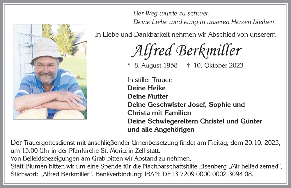  Traueranzeige für Alfred Berkmiller vom 17.10.2023 aus Allgäuer Zeitung, Füssen
